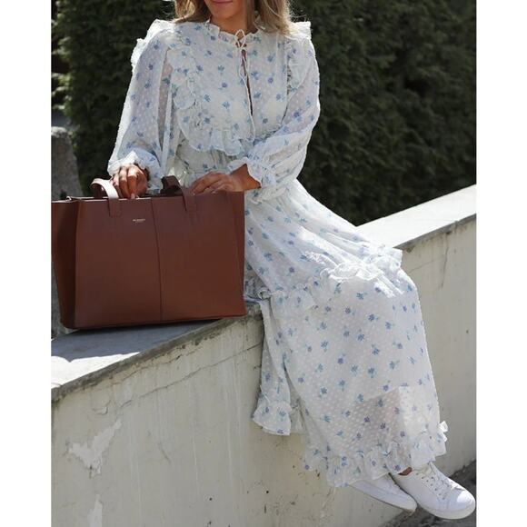 Stella Nova Barbara Dress in Soft Blue Floral Ruffled Tiered Frilly Chiffon Maxi - Picture 2 of 15